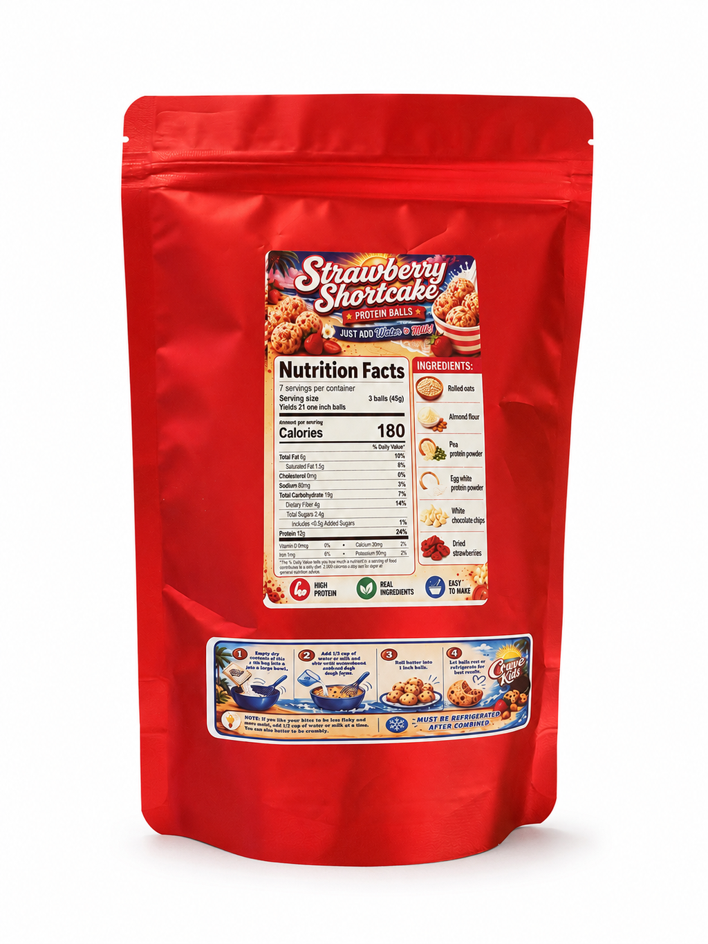 Back of Crave Kits Strawberry Shortcake protein ball mix bag featuring nutrition facts, ingredients, and instructions for making high-protein strawberry shortcake protein balls.