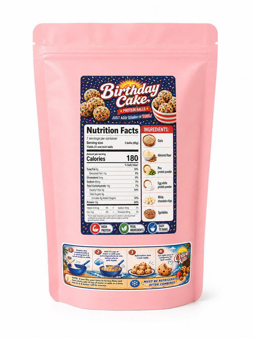 Crave Kits Birthday Cake Protein Ball Mix back label featuring nutrition facts, ingredients, and easy instructions for making high-protein birthday cake flavored protein balls at home.