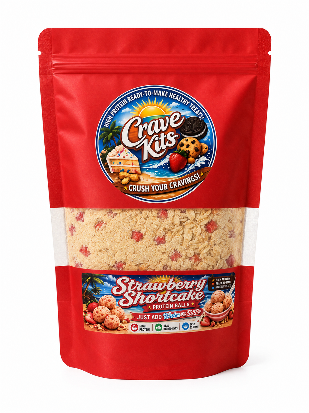 Front of Crave Kits Strawberry Shortcake protein ball mix featuring a high-protein dessert kit for making healthy strawberry shortcake protein balls with just water or milk.