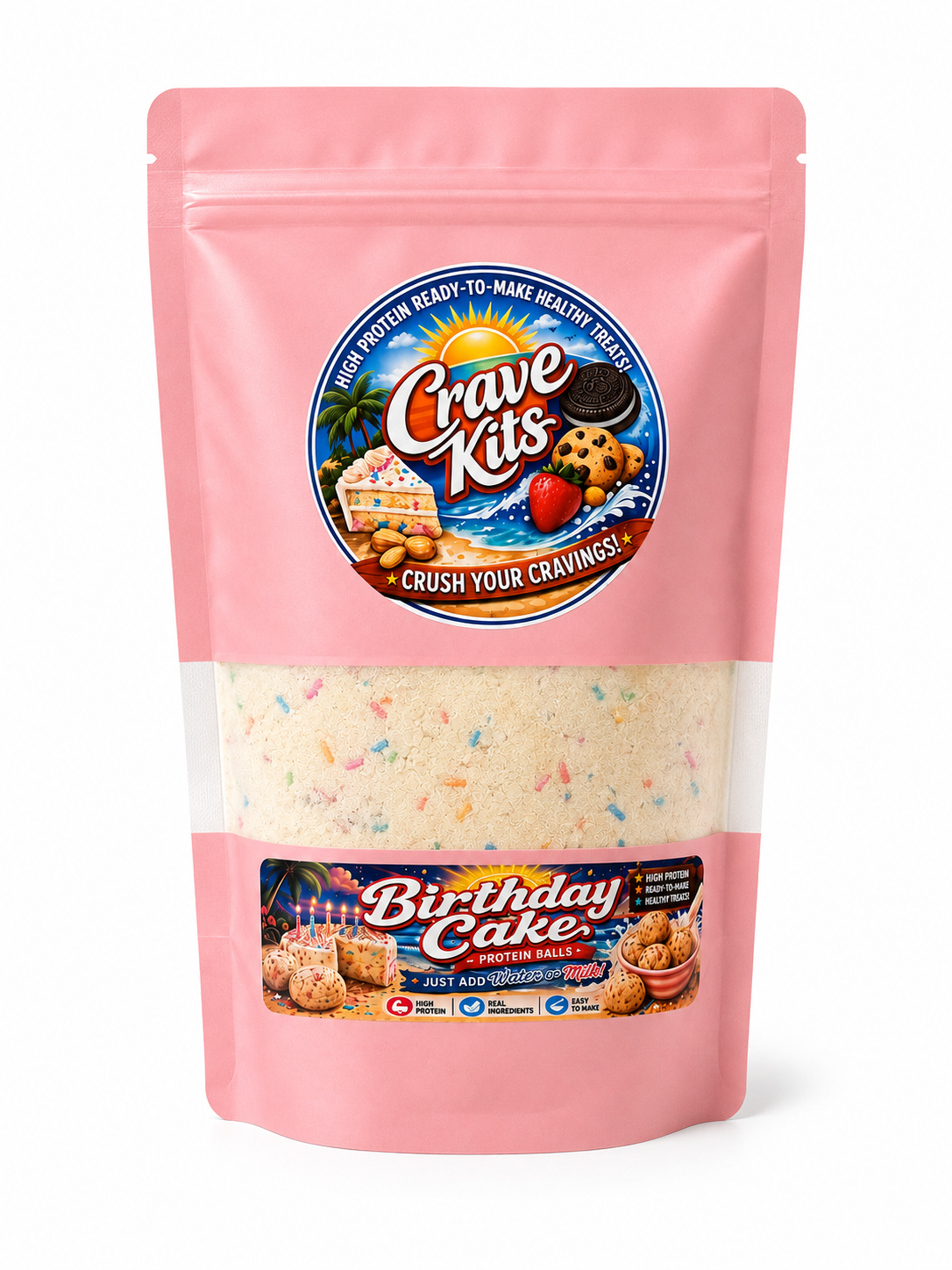 Front of Crave Kits Birthday Cake Protein Ball Mix bag featuring high-protein ready-to-make healthy treats, birthday cake flavor, and just-add-water-or-milk convenience for a delicious protein-packed dessert.