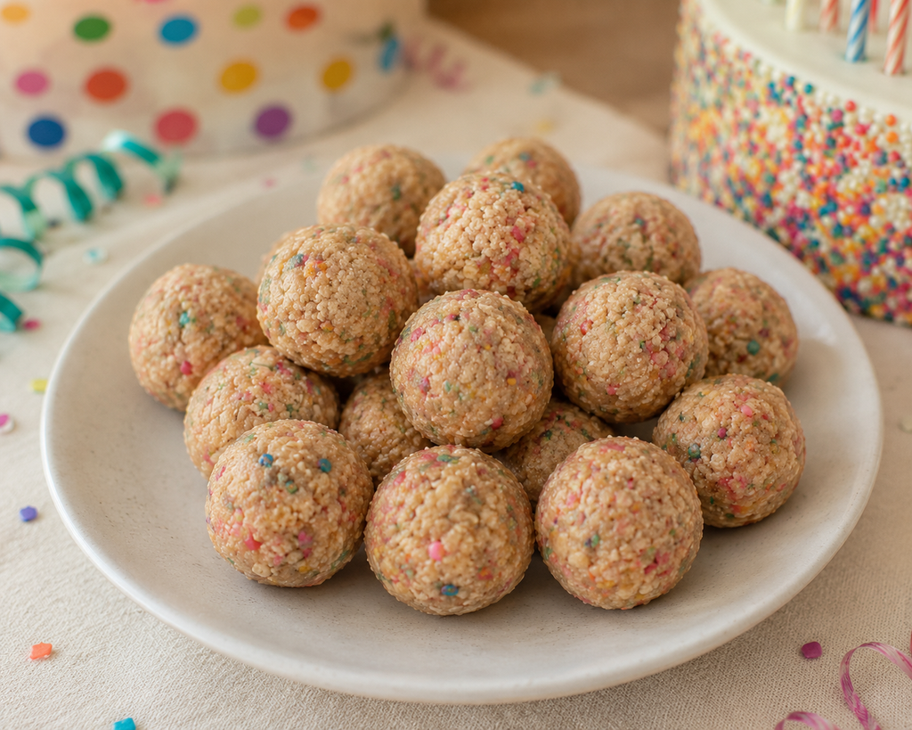 Homemade Birthday Cake protein balls on a plate, made from Crave Kits high-protein dessert mix, featuring colorful sprinkles and a soft, cake-like texture for a healthy sweet treat.