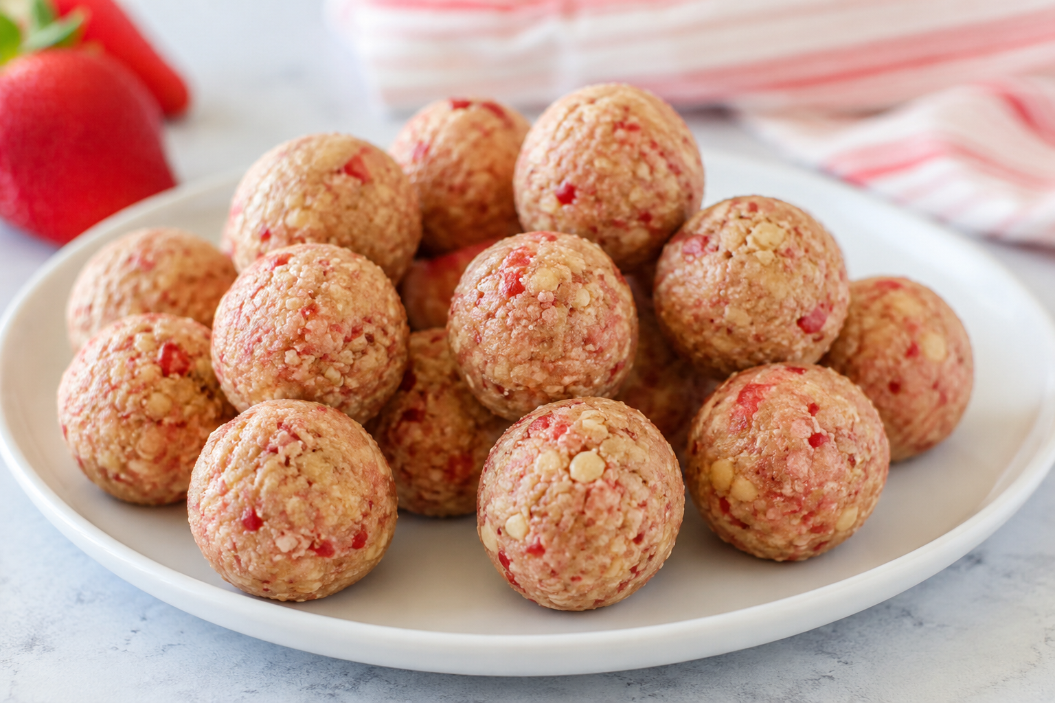 Strawberry Shortcake protein balls served on a plate, featuring a high-protein healthy dessert made from Crave Kits protein ball mix.