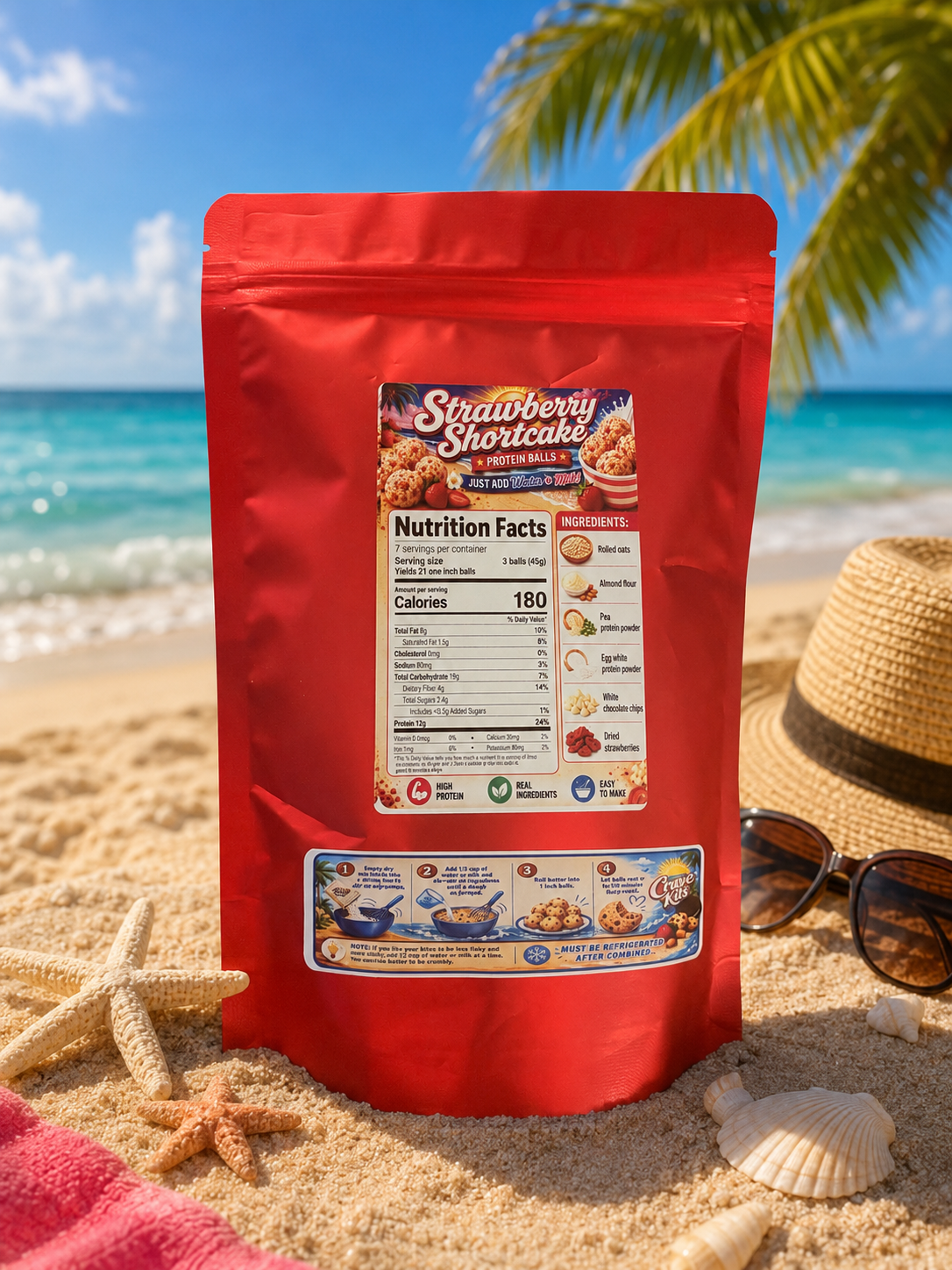 Back of Crave Kits Strawberry Shortcake high-protein dessert mix package on a beach-themed backdrop, featuring nutrition information, ingredients, and directions for making protein balls.