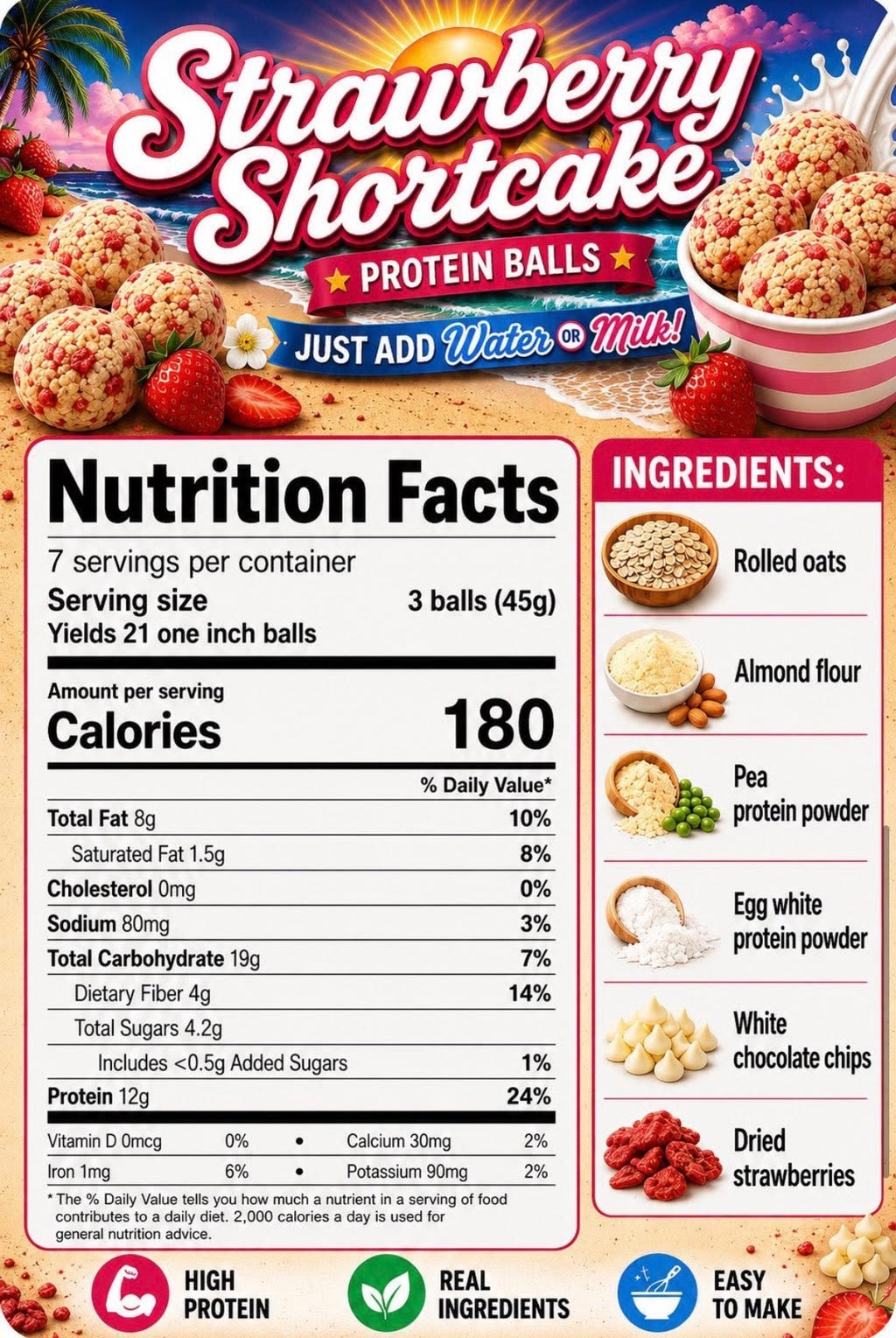 Nutrition Facts panel for Crave Kits Strawberry Shortcake protein ball mix displaying calories, protein content, ingredients, serving size, and nutritional information for healthy high-protein treats.