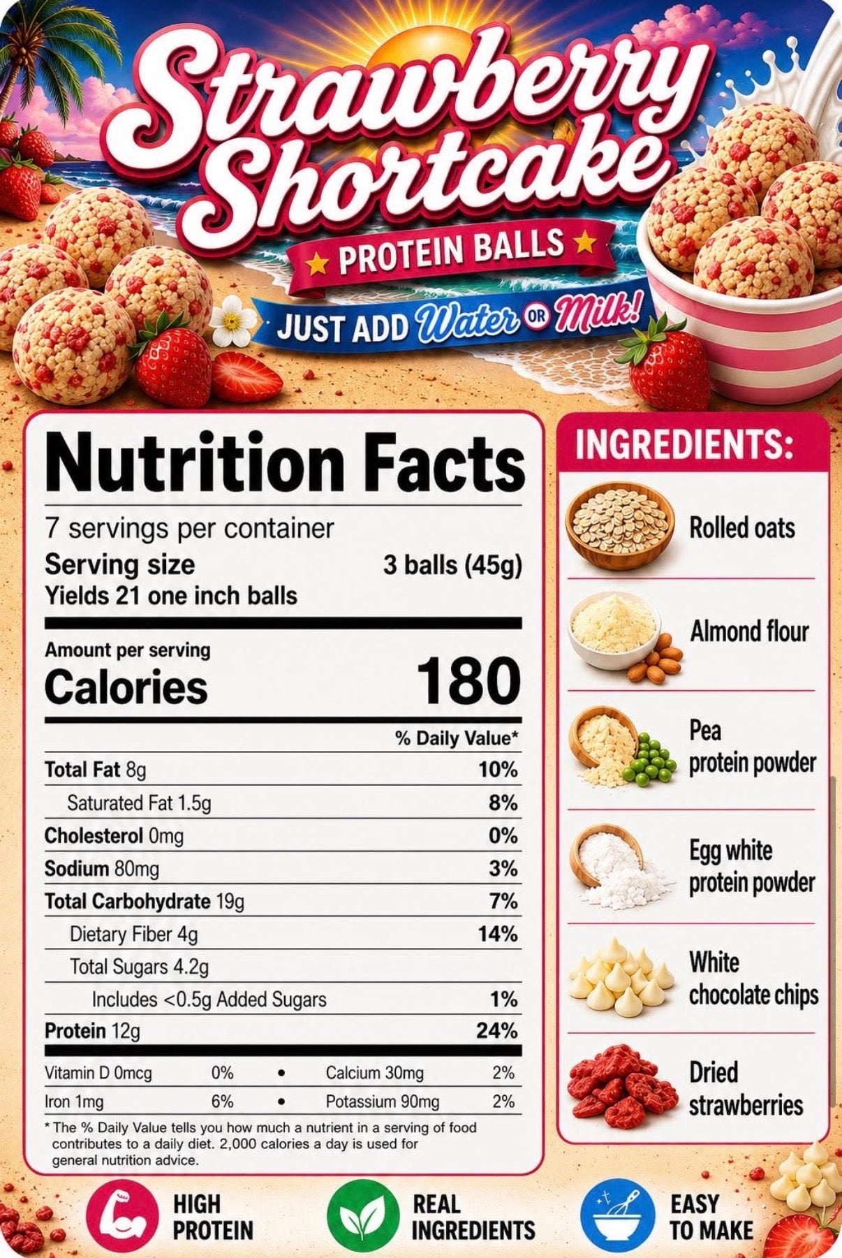 Nutrition Facts panel for Crave Kits Strawberry Shortcake protein ball mix displaying calories, protein content, ingredients, serving size, and nutritional information for healthy high-protein treats.