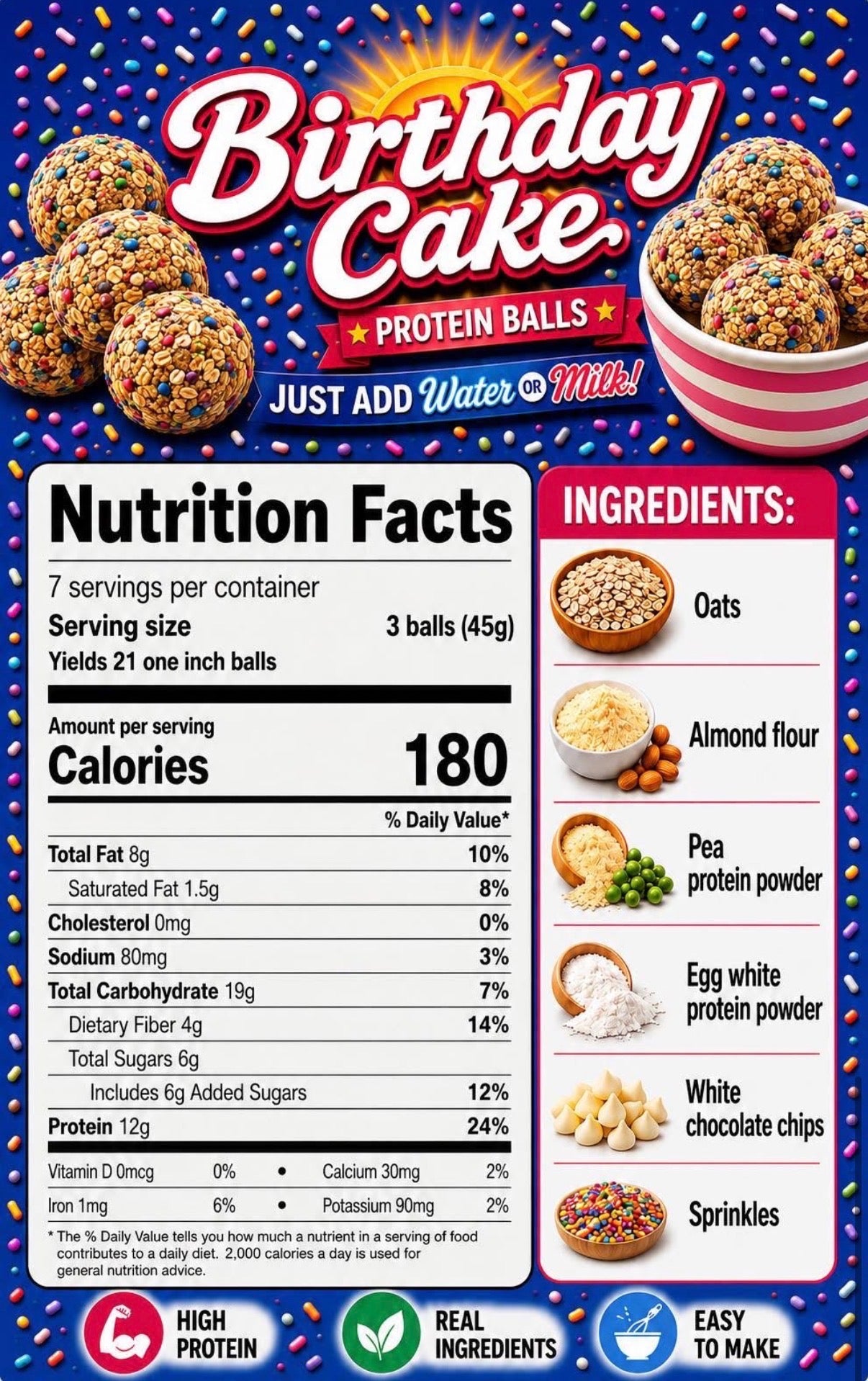 Nutrition Facts label for Crave Kits Birthday Cake Protein Ball Mix showing calories, protein, carbohydrates, fats, serving size, and ingredient information for a high-protein healthy dessert.