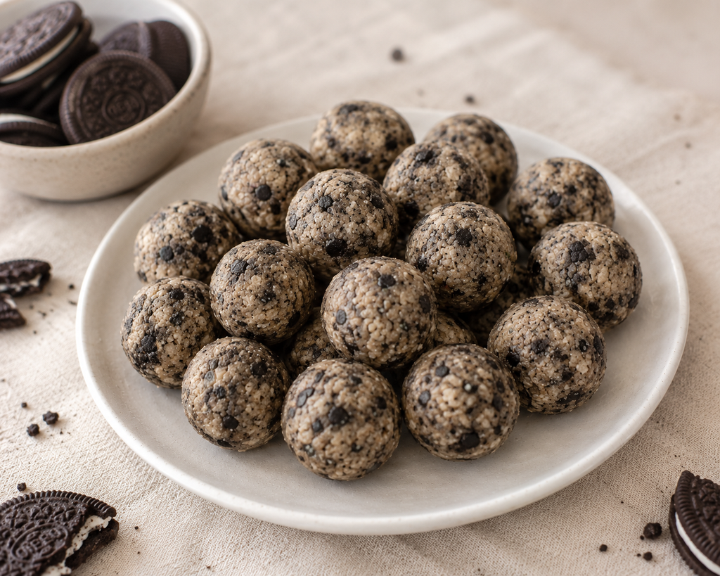 Homemade Cookies & Cream protein balls on a plate with Oreo cookies in the background, made from Crave Kits high-protein dessert mix and ready to enjoy as a healthy sweet snack. 🍪⚪⚫💪🍽️