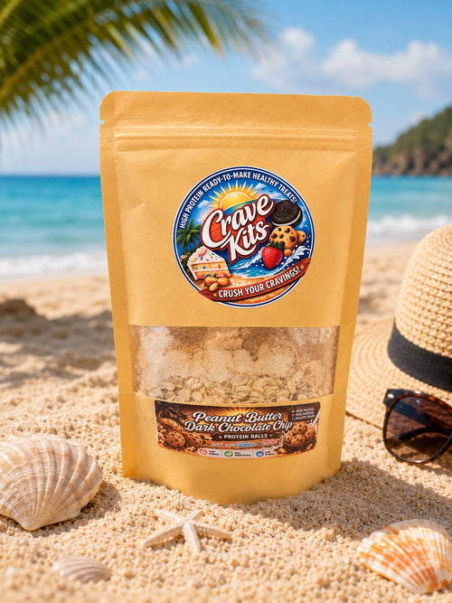 Crave Kits Dark Chocolate Peanut Butter protein dessert mix on a beach backdrop. High-protein ready-to-make healthy treats with rich dark chocolate and peanut butter flavor. Makes 21 protein bites with just water or milk.