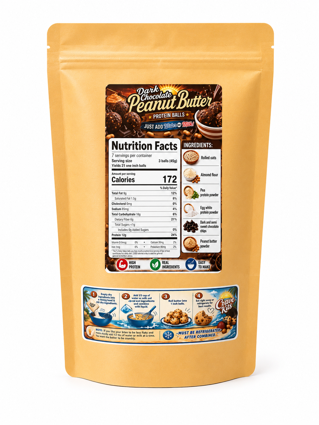 Back of Crave Kits Peanut Butter Dark Chocolate Chip high-protein dessert mix bag displayed on a clean white background, featuring nutrition facts, ingredients, and preparation instructions for healthy protein ball treats.