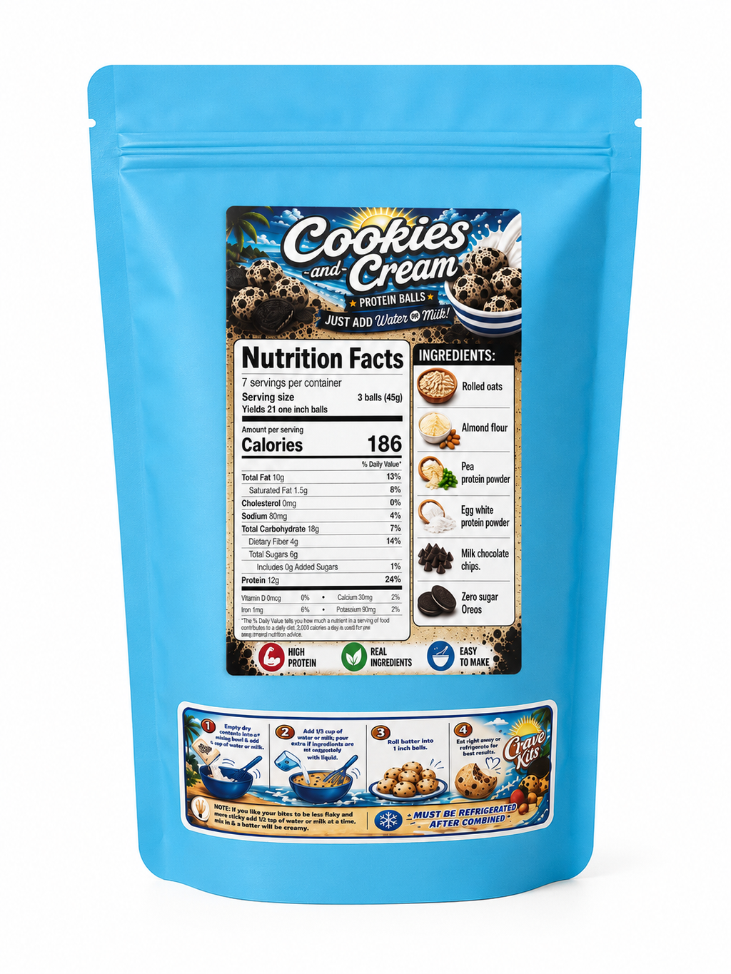 Crave Kits Cookies & Cream Protein Ball Mix front packaging on a white background, high-protein ready-to-make healthy dessert snack mix with cookies and cream flavor. 🍪💪🤍