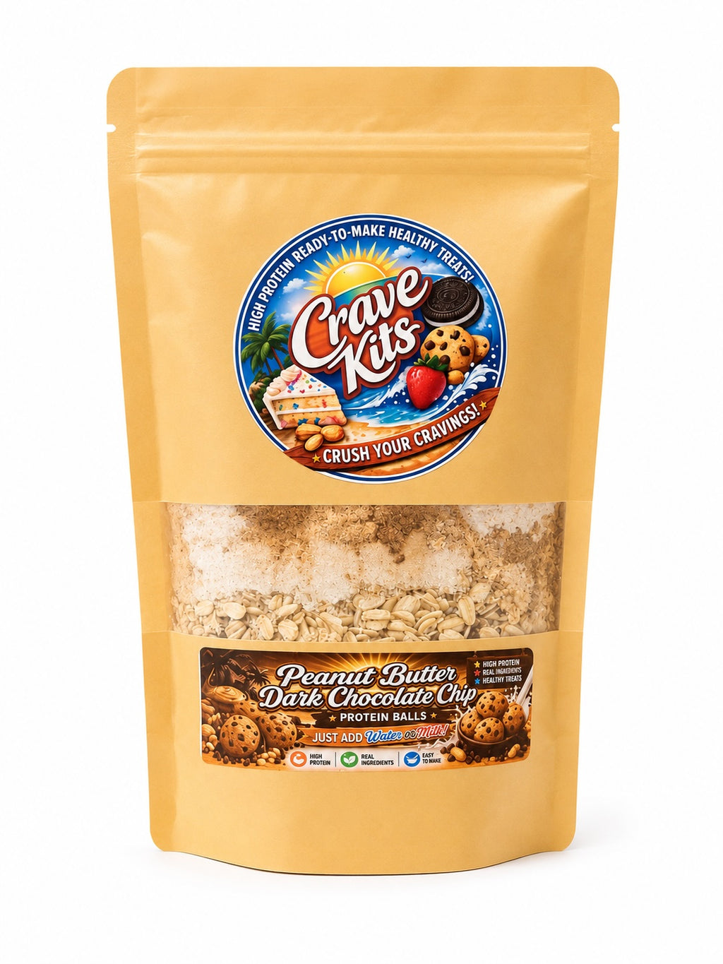 Crave Kits Dark Chocolate Peanut Butter protein bite mix bag isolated on a white background. High-protein ready-to-make healthy treats made with peanut butter and dark chocolate flavors. Makes 21 protein bites with just water or milk.