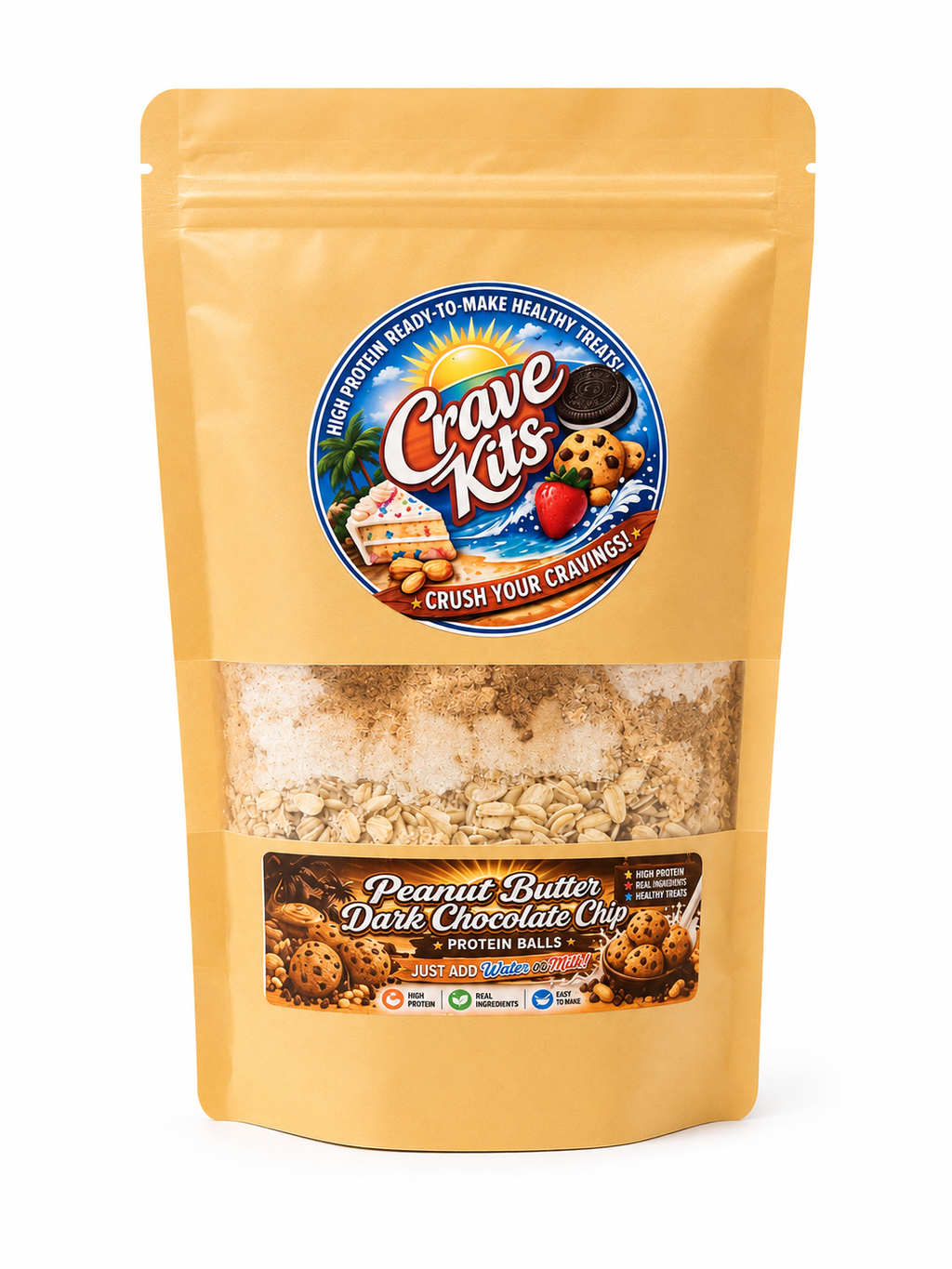 Front of Crave Kits Peanut Butter Dark Chocolate Chip high-protein dessert mix bag displayed on a clean white background, featuring the product logo, flavor label, and ready-to-make healthy protein ball mix packaging.