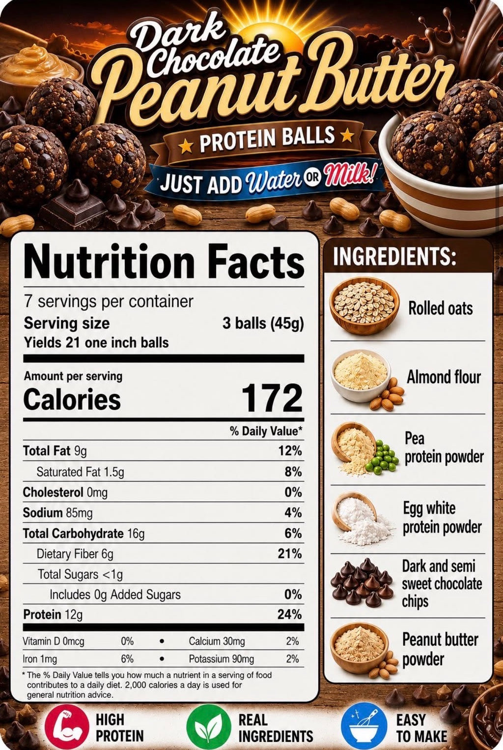 Nutrition Facts label for Crave Kits Peanut Butter Dark Chocolate Chip high-protein dessert mix, showing serving size, calories, protein, carbohydrates, fats, fiber, and other nutritional information.