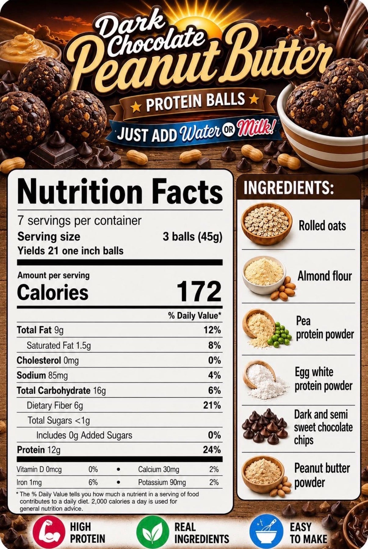 Nutrition Facts label for Crave Kits Peanut Butter Dark Chocolate Chip high-protein dessert mix, showing serving size, calories, protein, carbohydrates, fats, fiber, and other nutritional information.