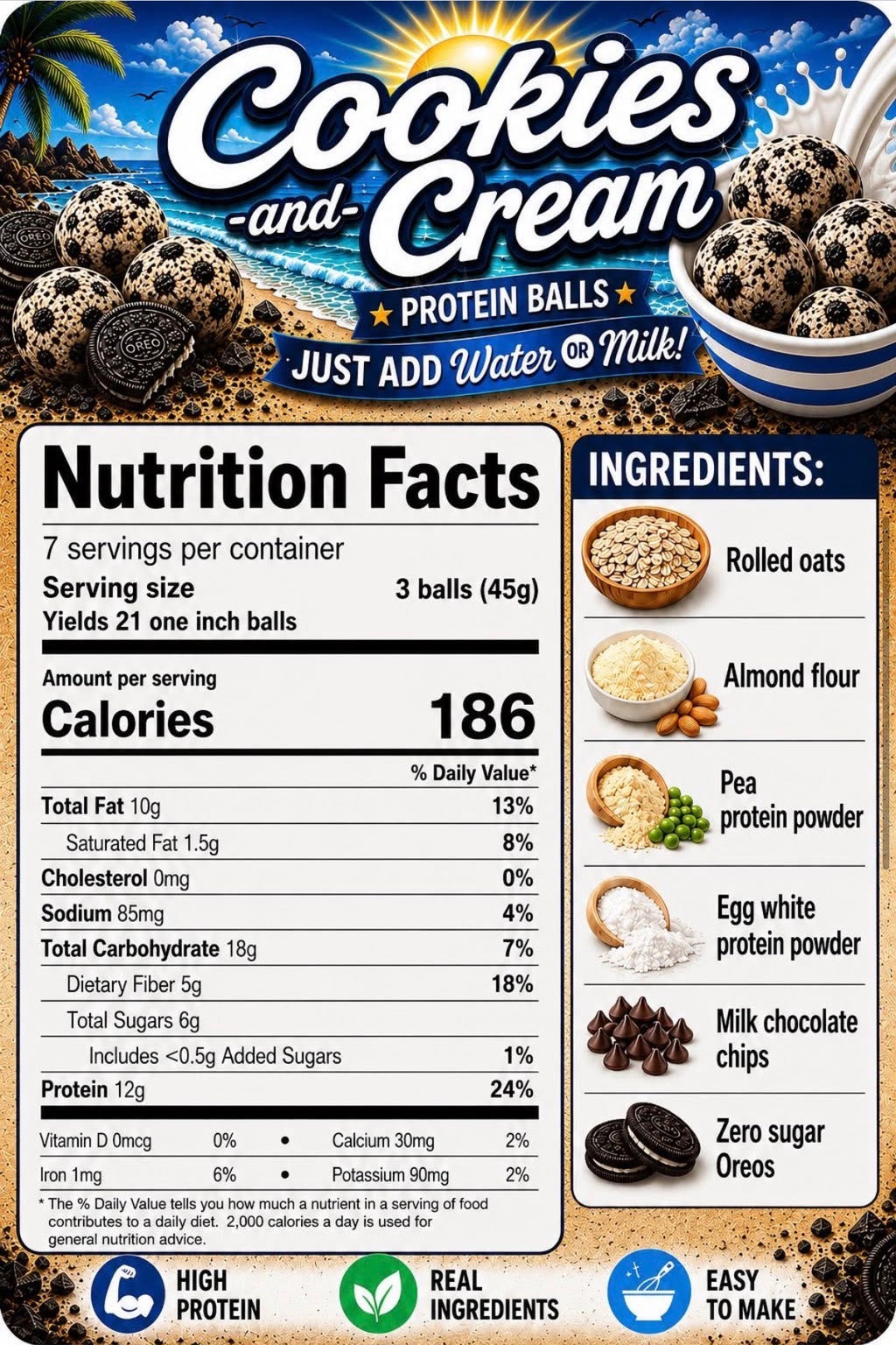 Crave Kits Cookies & Cream Protein Ball Mix Nutrition Facts label showing calories, protein, carbohydrates, fat, fiber, sugars, serving size, and nutritional information for a high-protein dessert snack. 🍪📋💪