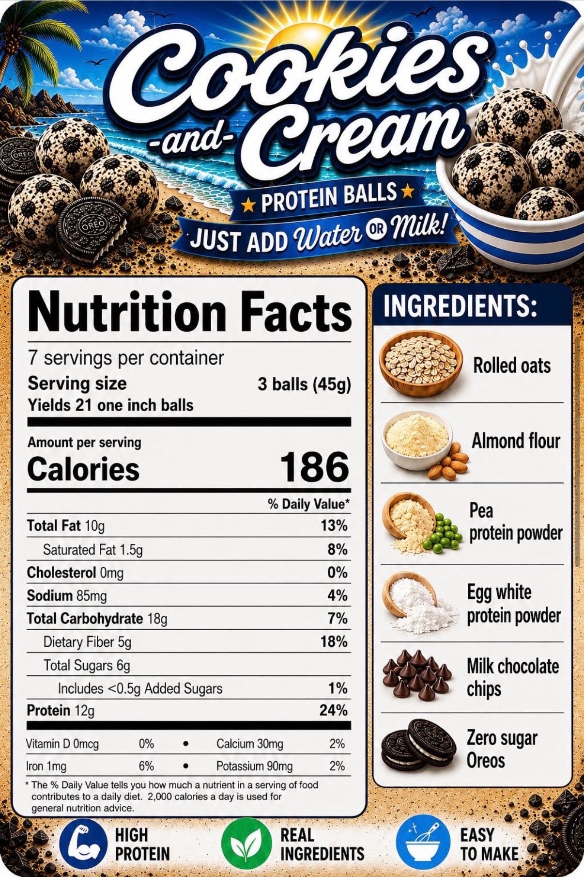 Crave Kits Cookies & Cream Protein Ball Mix Nutrition Facts label showing calories, protein, carbohydrates, fat, fiber, sugars, serving size, and nutritional information for a high-protein dessert snack. 🍪📋💪